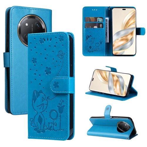 Funda de Cuero para Honor X9C 5G a Prueba de Golpes con Estampado de Abeja y Gato (Azul)
