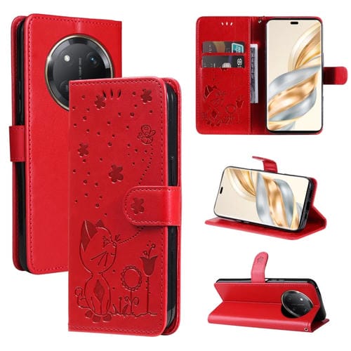 Funda de Cuero a Prueba de Golpes para Honor X9C 5G con Estampado de Abeja y Gato (Rojo)