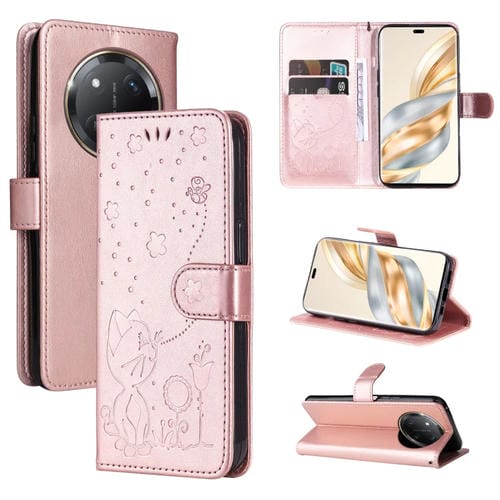 Funda de Cuero para Honor X9C 5G a Prueba de Golpes con Estampado de Abeja y Gato (Oro Rosa)