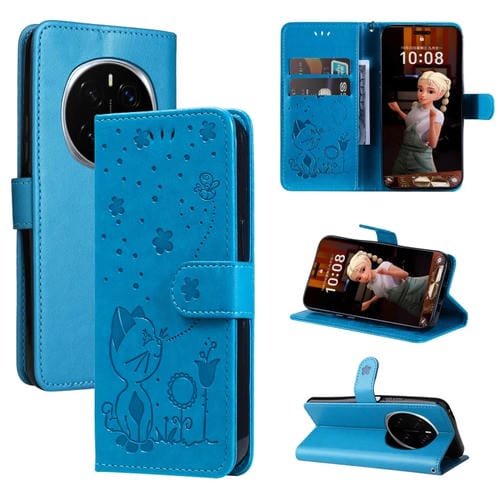 Funda de Cuero a Prueba de Golpes para Honor Magic7 Pro (Azul) con Estampado de Abeja y Gato