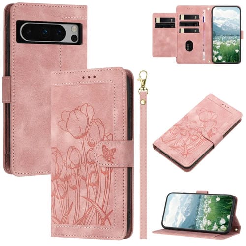 Funda de Cuero con Relieve de Tulipanes para Google Pixel 8 Pro con Cordón (Rosa)