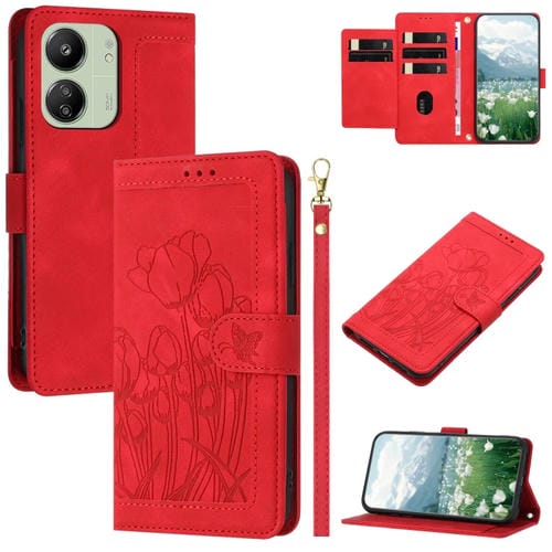 Funda de Cuero con Relieve de Tulipanes para Redmi 13C 4G/5G con Cordón (Rojo)