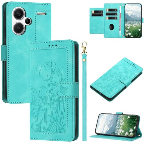Funda de Cuero con Relieve de Tulipanes para Redmi Note 13 Pro+ 5G con Cordón (Verde)