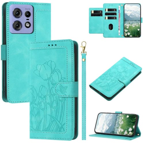 Funda de Cuero con Relieve de Tulipanes para Motorola Edge 50 Pro con CordĂłn (Verde)