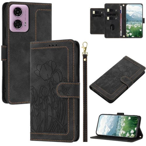 Funda de Cuero con Relieve de Tulipanes para Motorola Moto G Power 5G (2024) con CordĂłn (Negro)