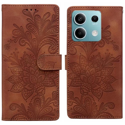 Funda de Teléfono con Hebilla Magnética y Encaje Floral En Relieve para Redmi Note 14 4G/5G (Marrón)