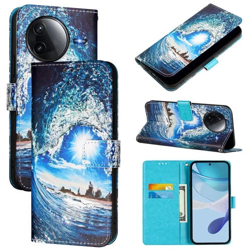 Funda de Teléfono de Cuero con Patrón de Dibujo de Colores y Tejido Liso para Redmi K80/K80 Pro (Ondas y Sol)