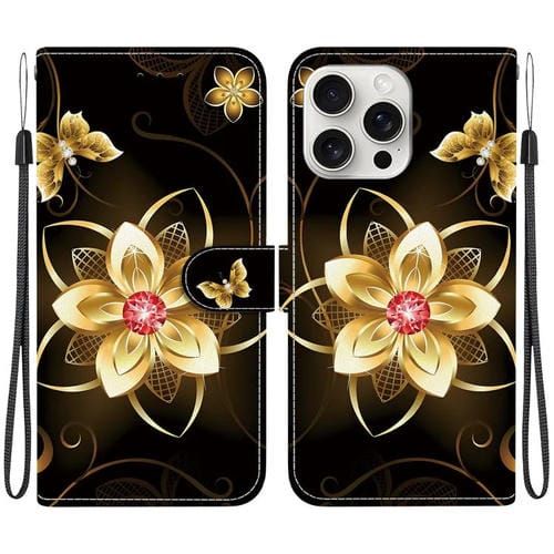 Funda de Cuero iPhone 16 Pro Max Dibujo de Colores Textura de Cristal (Flor Dorada)