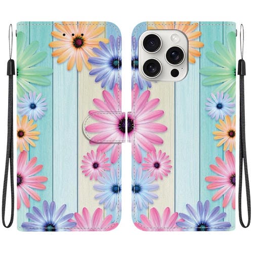 Funda de Cuero iPhone 16 Pro Max Dibujo Colores Textura Cristal (Girasoles)