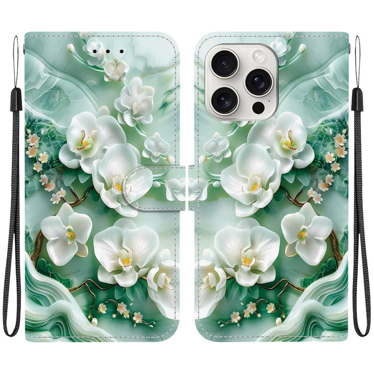 Funda de Cuero para iPhone 16 Pro Max con Dibujo de Colores y Textura de Cristal (Flores de Jade)