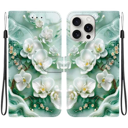 Funda de Cuero para iPhone 16 Pro Max con Dibujo de Colores y Textura de Cristal (Flores de Jade)