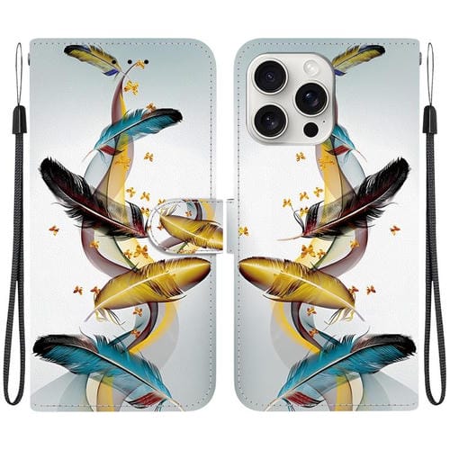 Funda de Cuero para iPhone 16 Pro con Dibujo de Colores y Textura de Cristal (Plumas de Mariposa Doradas)