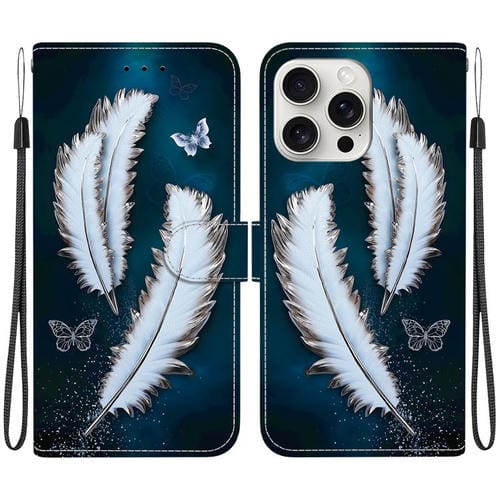 Funda de Cuero para iPhone 16 Pro con Dibujo de Colores y Textura de Cristal (Plumas de Mariposa Blancas)