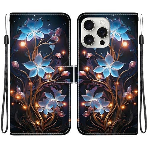 Funda de Cuero iPhone 16 Pro Dibujo Colores Textura Cristal Flor Linterna Pequeña