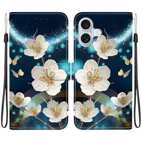 Funda de Cuero con Dibujo de Colores y Textura de Cristal para iPhone 16 Plus (Magnolia)