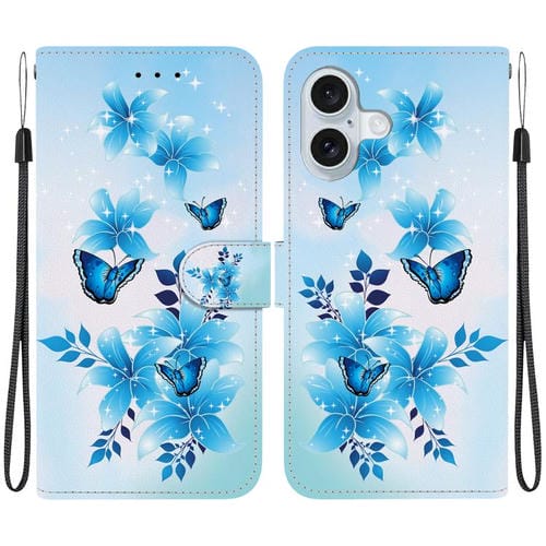 Funda de Cuero para iPhone 16 Plus con Dibujo de Colores y Textura de Cristal (Mariposas Azules)