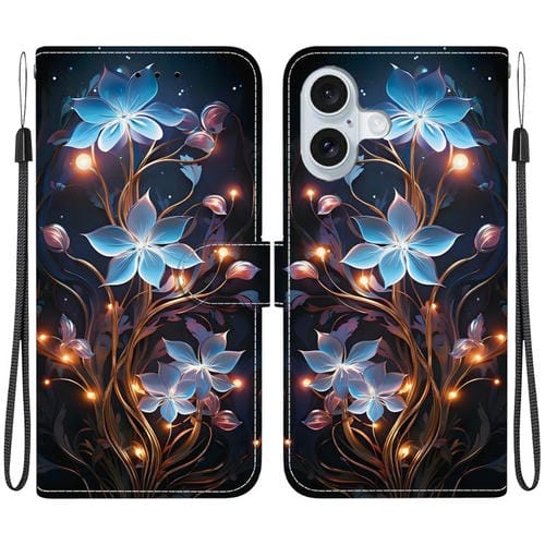 Funda de Cuero iPhone 16 Plus Dibujo Colores Textura Cristal (Flor de Linterna Pequeña)