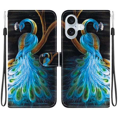 Funda de Cuero para iPhone 16 con Dibujo de Colores y Textura de Cristal (Pavo Real)