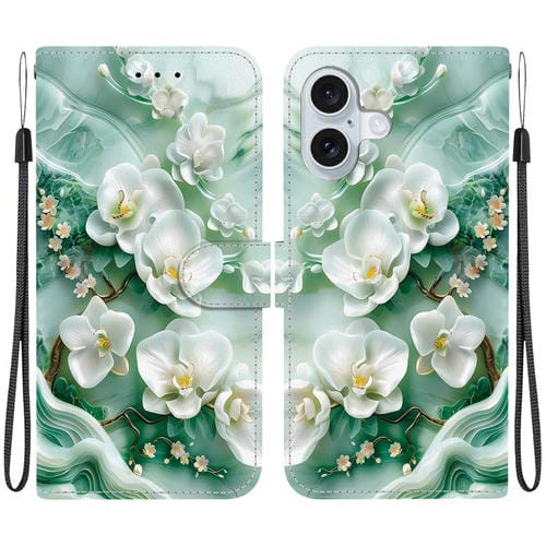 Funda de Cuero para iPhone 16 con Dibujo de Colores y Textura de Cristal (Flores de Jade)