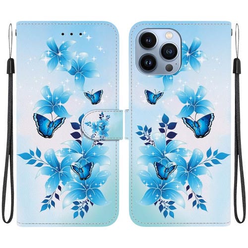 Funda de Cuero para iPhone 15 Pro Max con Dibujo de Colores y Textura de Cristal (Mariposas Azules)