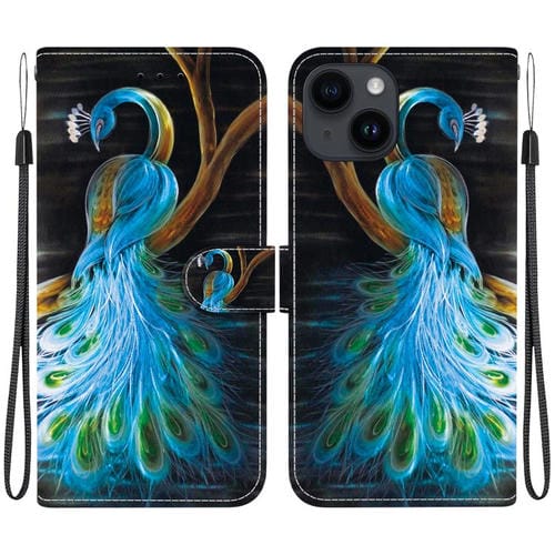 Funda de Cuero para iPhone 14 Plus con Dibujo de Colores y Textura de Cristal (Pavo Real)