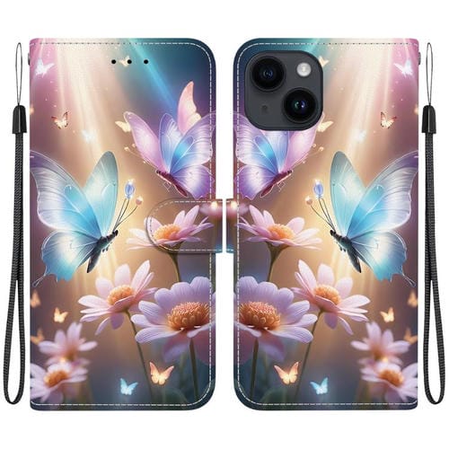 Funda Cuero iPhone 14 Plus Dibujo Colores Textura Cristal (Mariposa Amor Flor)