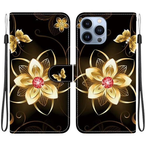 Funda de Cuero iPhone 13 Pro Max Dibujo de Colores Textura de Cristal (Flor Dorada)