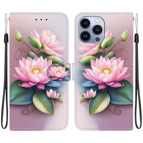Funda de Cuero para iPhone 13 Pro con Dibujo de Colores y Textura de Cristal (Lotus)