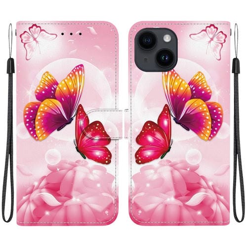 Funda de Cuero para iPhone 13 con Dibujo de Colores y Textura de Cristal (Mariposas Rosas)