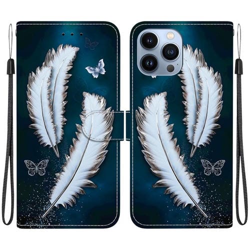 Funda de Cuero para iPhone 12 Pro Max con Dibujo de Colores y Textura de Cristal (Plumas de Mariposa Blancas)