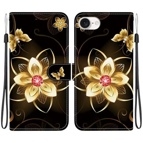 Funda de Cuero para iPhone 16E con Dibujo de Colores y Textura de Cristal (Flor Dorada)