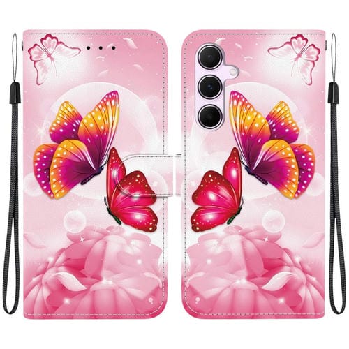 Funda Cuero Samsung Galaxy A55 5G Dibujo Colores Textura Cristal (Mariposas Rosas)