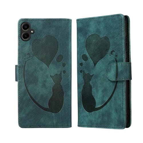 Funda de cuero con relieve de gato y corazón para Samsung Galaxy A07 4G / A06 4G (verde)