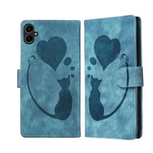 Funda de cuero con relieve de gato y corazón para Samsung Galaxy A07 4G / A06 4G (azul)