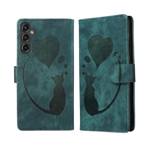 Funda de piel con relieve de gato y corazón para Samsung Galaxy A17 5G / A26 5G (verde)