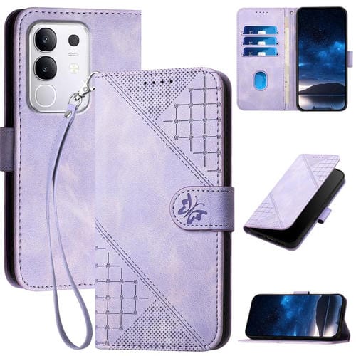 Funda de Cuero con Estampado de Mariposas En Relieve y Cordón para Vivo Y29 4G (Morado Claro)