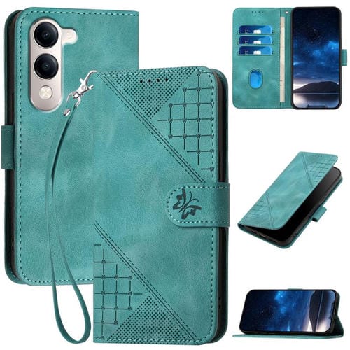 Funda de Cuero con Estampado de Mariposas En Relieve y Cuadrícula Global para Vivo Y29S 5G / Y04 4G (Azul Claro)