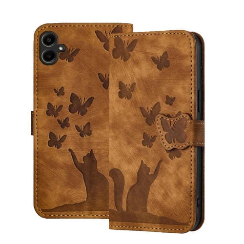 Funda de cuero con tapa y estampado de mariposa y gato para Samsung Galaxy A07 4G / A06 4G (marrón)