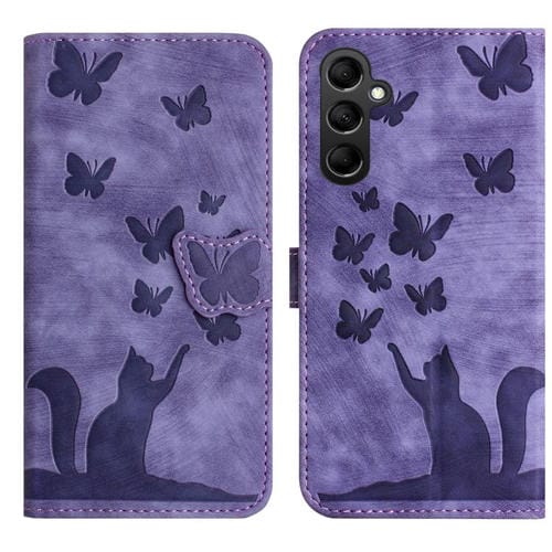 Funda de cuero con tapa y estampado de mariposa y gato para Samsung Galaxy A17 5G / A26 5G (morado)
