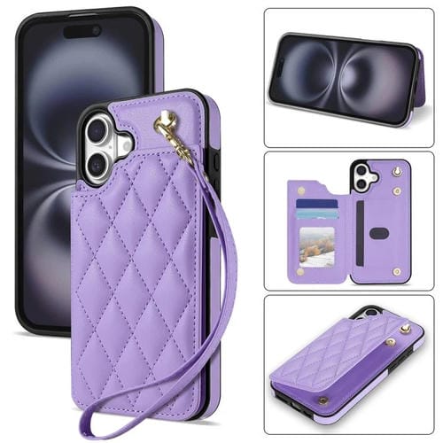 Estuche para Teléfono iPhone 16 Plus con Ranuras para Tarjetas y Hebilla Doble Rombal con Cordón (Morado)