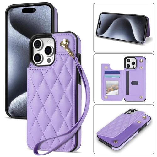 Estuche para Teléfono iPhone 15 Pro con Ranuras para Tarjetas y Hebilla Doble Rombal con Cordón (Morado)