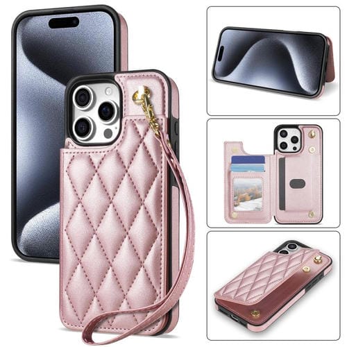 Estuche para Teléfono iPhone 14 Pro Max con Ranuras para Tarjetas Hebilla Doble Rombal y Cordón (Oro Rosa)