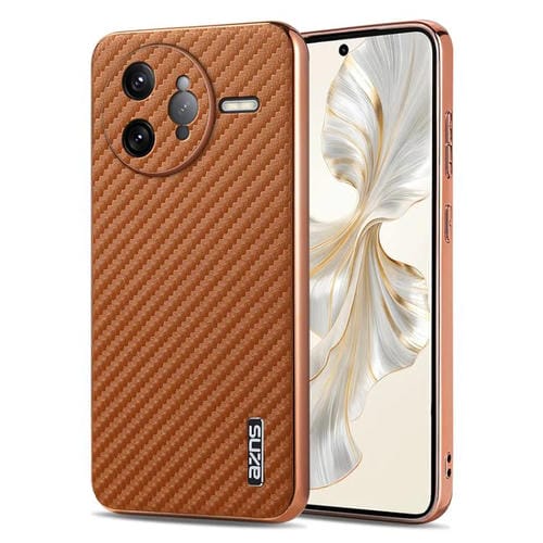 Funda para Teléfono con Textura de Fibra de Carbono con Borde Galvanizado Azns para Redmi K80 Pro (Marrón)