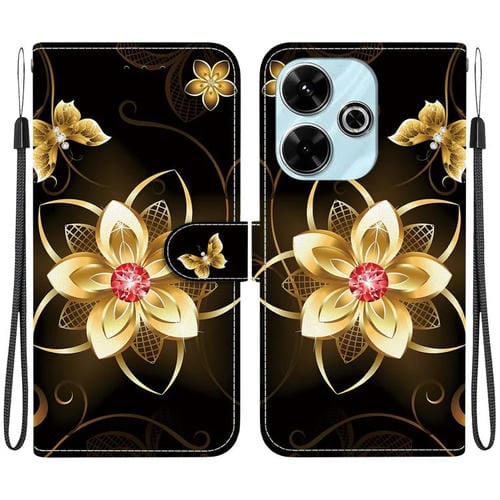 Funda de Cuero con Dibujo de Colores y Textura de Cristal para Redmi 13 4G/Poco M6 (Flor Dorada)