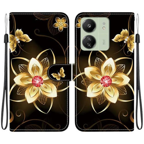 Funda de Cuero con Dibujo de Colores y Textura de Cristal para Redmi 13C 4G / 5G / 13R 5G (Flor Dorada)