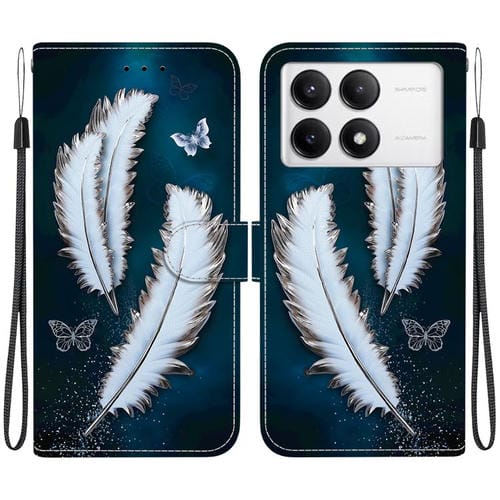 Funda de Cuero con Dibujo de Colores y Textura de Cristal para Redmi K70/K70 Pro (Plumas de Mariposa Blancas)