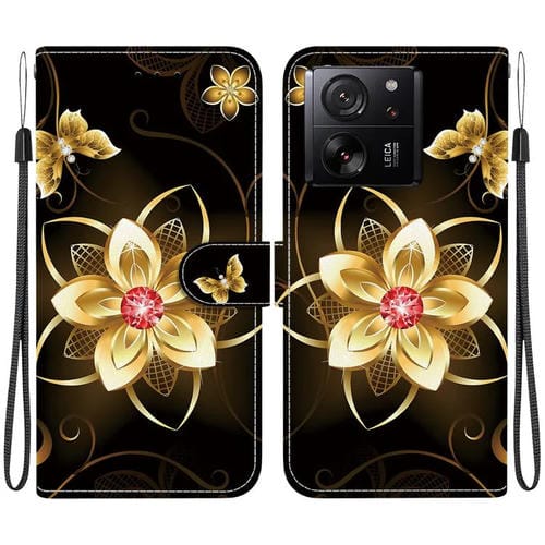 Funda de Cuero con Dibujo de Colores y Textura de Cristal para Xiaomi 13T/13T Pro (Flor Dorada)