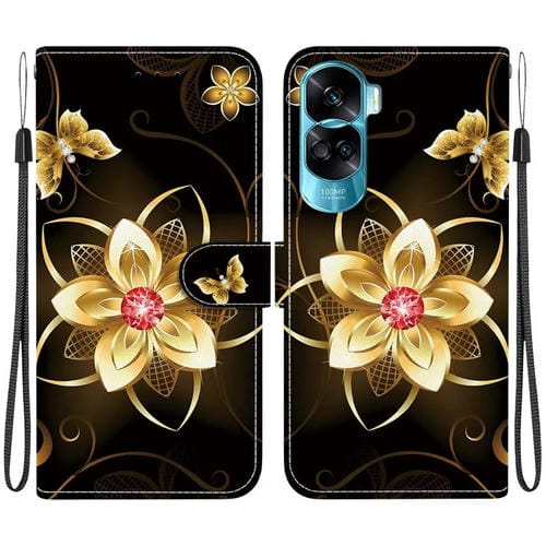 Funda de Cuero Honor 90 Lite con Dibujo de Colores y Textura de Cristal (Flor Dorada)