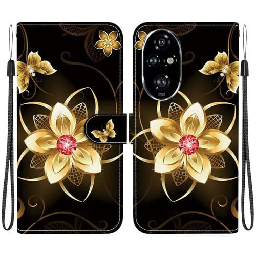 Funda de Cuero Honor 200 Pro 5G con Dibujo de Colores y Textura de Cristal (Flor Dorada)