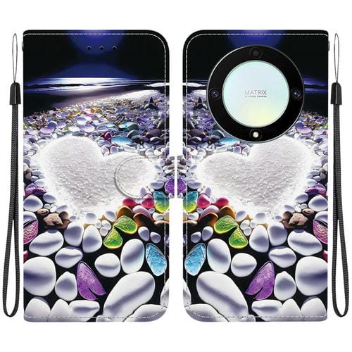 Funda de Cuero Honor X9A con Dibujo en Color y Textura de Cristal (Corazón)